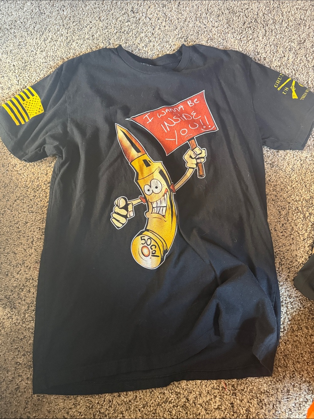 Grunt Style Black Tee with Yellow Bullet Character and Red Sign